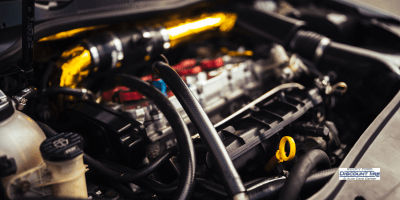 Close-up view of a car engine with visible hoses, a yellow oil dipstick, and metallic components, showing detailed mechanical parts under the hood.