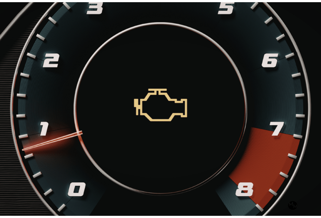 A close-up of a car tachometer with the needle pointing at 1,000 RPM and a yellow check engine warning light illuminated in the center. The red zone on the gauge starts at 7,000 RPM.