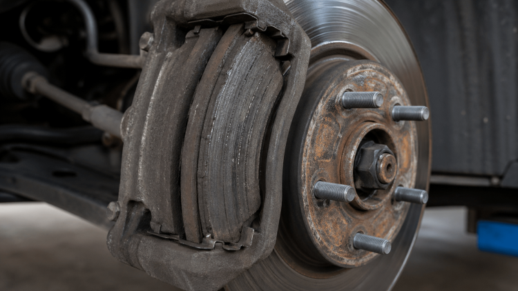 Worn brake pads on a car rotor showing signs that brake repair is needed