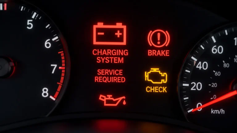 Close-up of car dashboard warning lights indicating electrical system issues