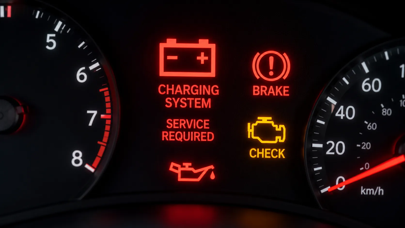 Close-up of car dashboard warning lights indicating electrical system issues